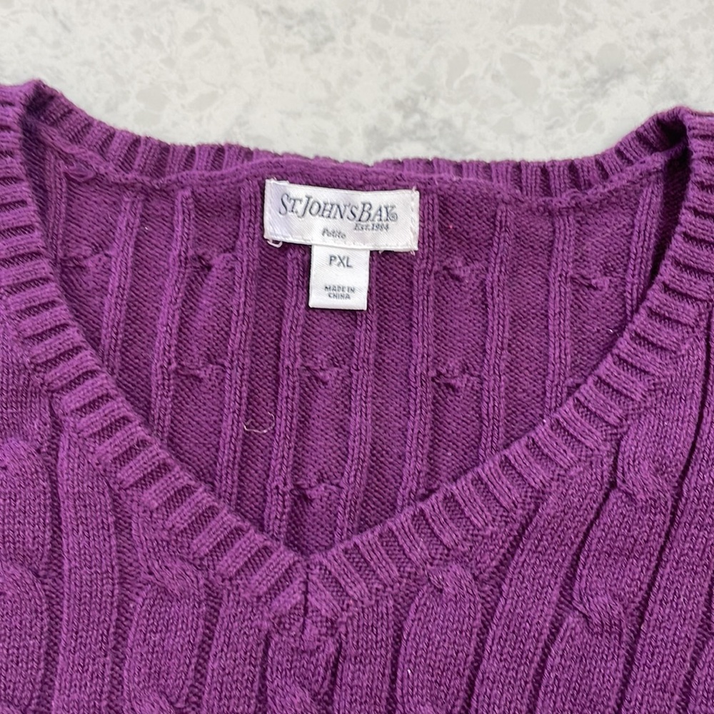 Purple St. John’s Bay PXL cotton blend cable knit V-neck sweater - Picture 2 of 5